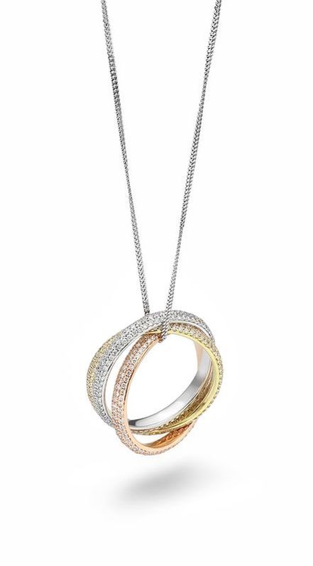 Pave set Russian wedding ring pendant in three colours of gold